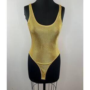 Hartly USA Gold Metallic Shimmer Knit Scoop Neck Sleeveless Thong Bodysuit S